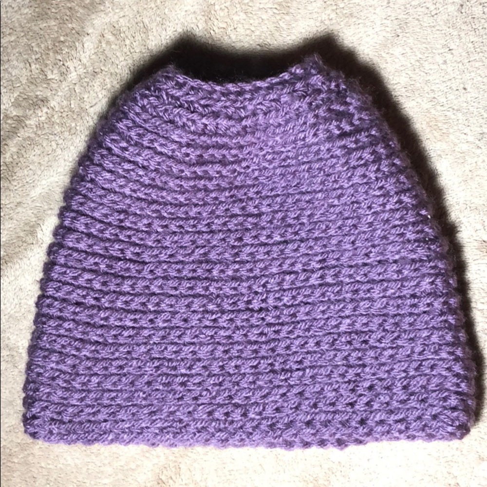 Pastel purple messy bun beanie